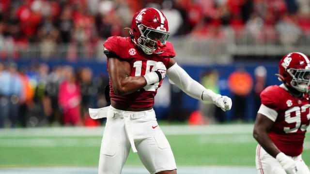 Alabama Crimson Tide linebacker Dallas Turner (15) celebrates after a sack in the second quarter against the Georgia Bulldogs in the SEC Championship at Mercedes-Benz Stadium. Mandatory Credit: John David Mercer-USA TODAY Sports